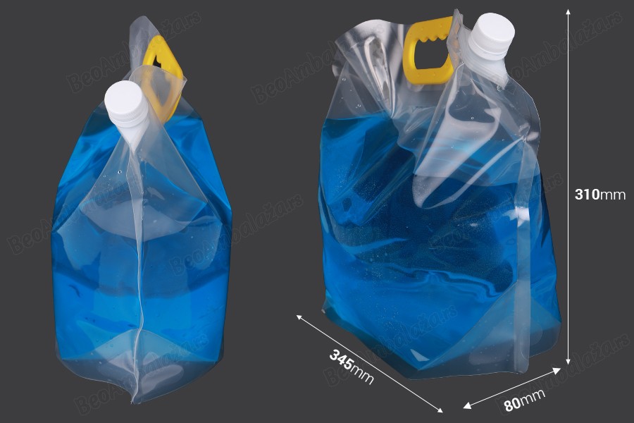 DoyPack kesica za tečnosti 5 L providna sa belim sigurnosnim zatvaračem i ručkom – 10 kom-dimenzije_slike