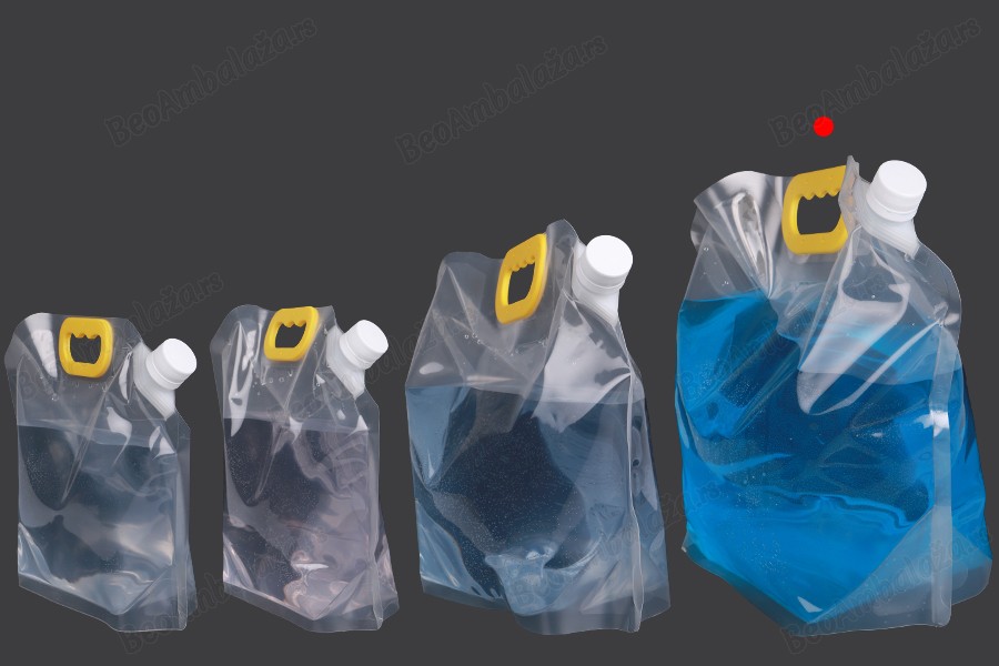 DoyPack kesica za tečnosti 5 L providna sa belim sigurnosnim zatvaračem i ručkom – 10 kom-grupa_slika