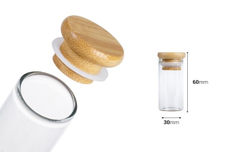 Staklena providna epruveta 30 ml sa poklopcem od bambusa i sigurnosnom gumicom – 6 kom-dimenzije_slike