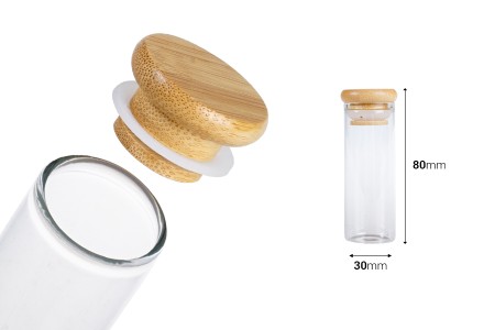 Staklena providna epruveta 40 ml sa poklopcem od bambusa i sigurnosnom gumicom – 6 kom-dimenzije_slike