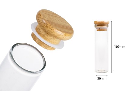 Staklena providna epruveta 50 ml sa poklopcem od bambusa i sigurnosnom gumicom – 6 kom-dimenzije_slike