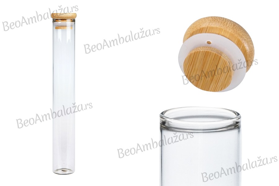 Staklena providna epruveta 110 ml sa poklopcem od bambusa i sigurnosnom gumicom – 6 kom