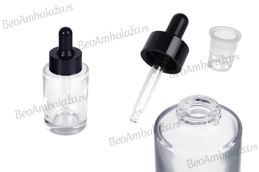 Staklena bočica 30 ml providna sa crnom pipetom za serum i regulatorom toka