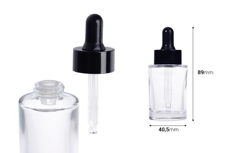 Staklena bočica 30 ml providna sa crnom pipetom za serum i regulatorom toka-dimenzije_slike
