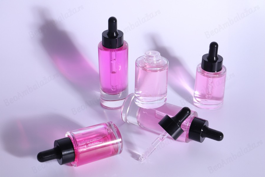 Staklena bočica 38 ml providna sa crnom pipetom za serum i regulatorom toka-grupa_slika