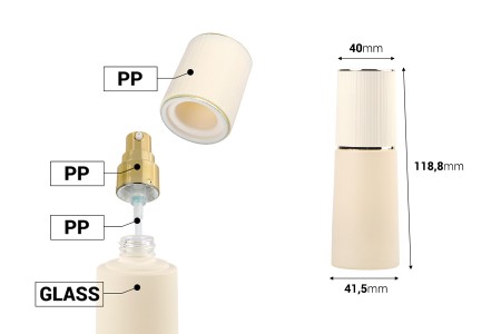 Luksuzna bež mat staklena bočica 40mL sa zlatnom pumpicom za kreme i zatvaračem-dimenzije_slike