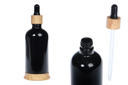 Staklena crna bočica 100mL sa pipetom, plastičnim prstenom i osnovom u dezenu drveta-slika_proizvoda