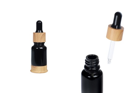 Staklena crna bočica 10mL sa pipetom, plastičnim prstenom i osnovom u dezenu drveta-slika_proizvoda