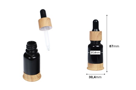 Staklena crna bočica 10mL sa pipetom, plastičnim prstenom i osnovom u dezenu drveta-dimenzije_slike