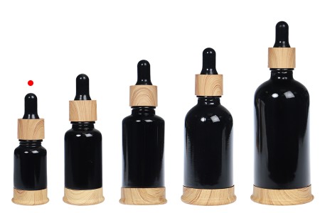 Staklena crna bočica 10mL sa pipetom, plastičnim prstenom i osnovom u dezenu drveta-grupa_slika