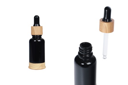 Staklena crna bočica 20mL sa pipetom, plastičnim prstenom i osnovom u dezenu drveta-slika_proizvoda