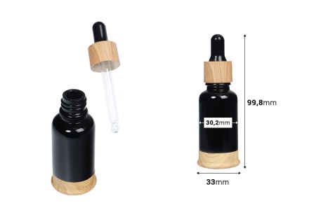 Staklena crna bočica 20mL sa pipetom, plastičnim prstenom i osnovom u dezenu drveta-dimenzije_slike