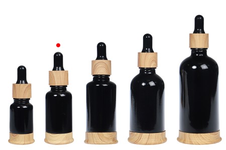 Staklena crna bočica 20mL sa pipetom, plastičnim prstenom i osnovom u dezenu drveta-grupa_slika