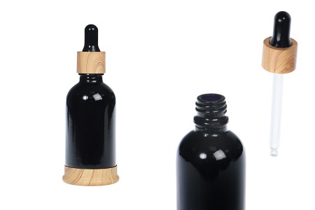 Staklena crna bočica 50mL sa pipetom, plastičnim prstenom i osnovom u dezenu drveta-slika_proizvoda