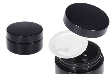 Staklena teglica za kremu 50 ml (pljosnata) u crnoj boji sa zatvaračem i plastičnim međupoklopcem-slika_proizvoda