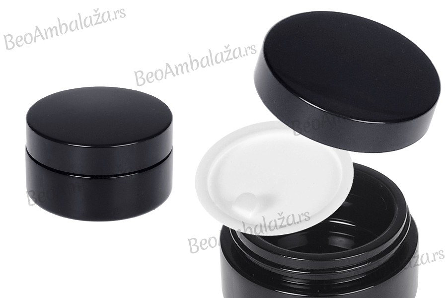 Staklena teglica za kremu 50 ml (pljosnata) u crnoj boji sa zatvaračem i plastičnim međupoklopcem