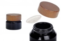 Staklena teglica za kremu 30 ml u crnoj boji sa drvenim zatvaračem i plastičnim međupoklopcem