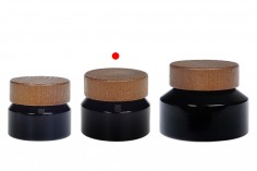 Staklena teglica za kremu 50 ml u crnoj boji sa drvenim zatvaračem i plastičnim međupoklopcem