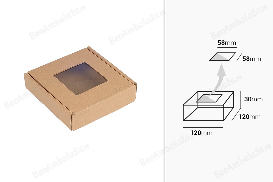 Kutija od kraft papira u braon boji 120x120x30mm sa prozorom - 20 kom-dimenzije_slike