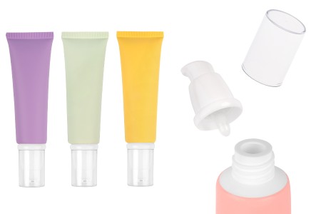 Plastična tubica od 50 mL u raznim mat bojama, sa belom pumpicom i providnim poklopcem-slika_proizvoda