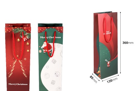 Božićna papirna kesa 120x85x360mm za flaše vina u raznim dezenima - 12 kom-dimenzije_slike
