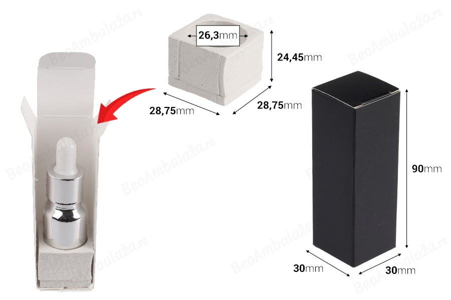 Papirna kutija 30x30x90 mm sa unutrašnjim penastim uloškom za bočice etarskih ulja 10 mL - 20 kom-dimenzije_slike