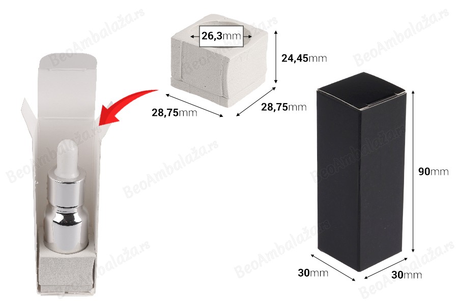 Papirna kutija 30x30x90 mm sa unutrašnjim penastim uloškom za bočice etarskih ulja 10 mL - 20 kom-dimenzije_slike