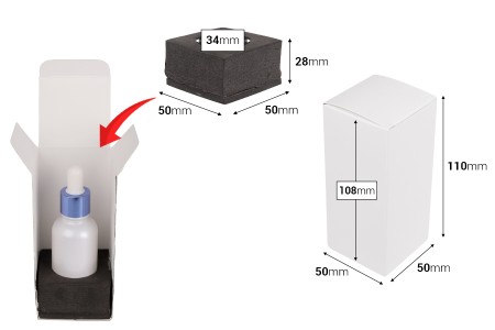 Bela mat papirna kutija za pakovanje 50x50x110 mm sa unutrašnjim držačem od pene za bočice esencijalnog ulja 30mL - 20 kom-dimenzije_slike