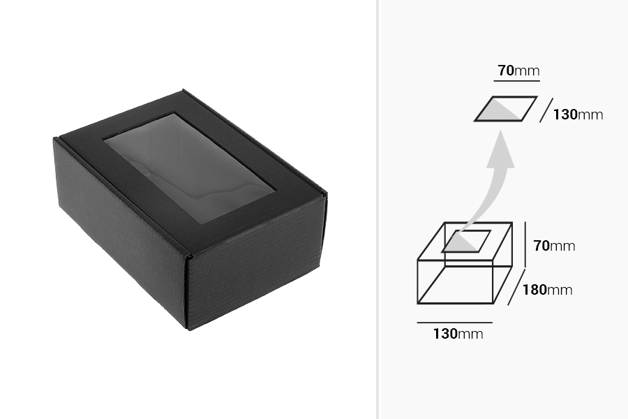Kutija od kraft papira u crnoj boji 130x180x70mm sa prozorom - 20 kom Kutija od kraft papira u crnoj boji 130x180x70mm sa prozorom - 20 kom