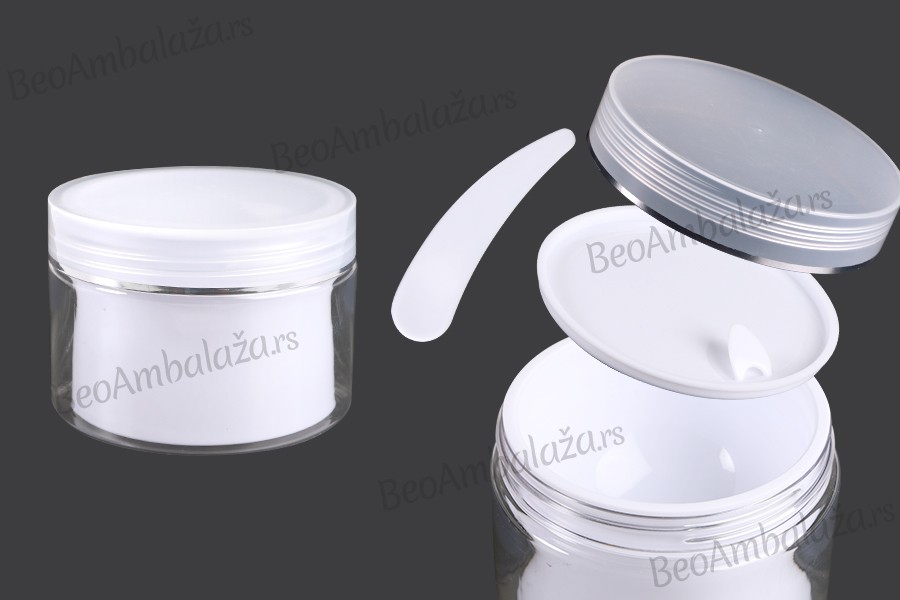 Plastična kutijica sa duplim dnom 150 mL za kremu, sa zatvaračem, plastičnim međupoklopcem i spatulom - 6 kom