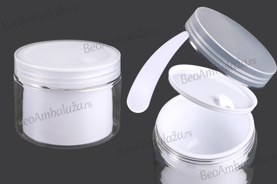 Plastična kutijica sa duplim dnom 200 mL za kremu, sa zatvaračem, plastičnim međupoklopcem i spatulom - 6 kom