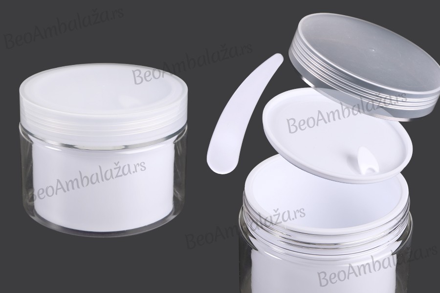 Plastična kutijica sa duplim dnom 250 mL za kremu, sa zatvaračem, plastičnim međupoklopcem i spatulom - 6 kom