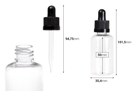 Plastična (PET) providna bočica 50 mL sa crnom pipetom sa sigurnosnim CRC zatvaranjem - 12 kom-dimenzije_slike