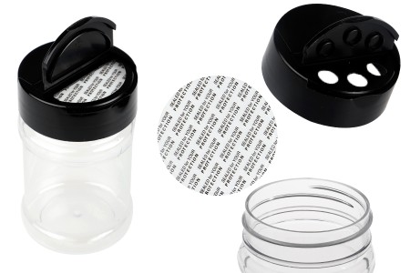 Plastična (PET) providna teglica 150mL, sa crnim poklopcem i unutrašnjom zaptivkom (PE) za začine - 6 kom-slika_proizvoda
