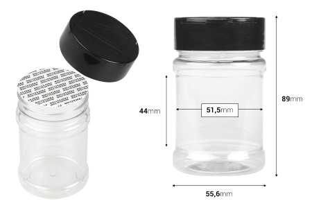 Plastična (PET) providna teglica 150mL, sa crnim poklopcem i unutrašnjom zaptivkom (PE) za začine - 6 kom-dimenzije_slike