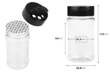 Plastična (PET) providna teglica 170mL, sa crnim poklopcem i unutrašnjom zaptivkom (PE) za začine - 6 kom-dimenzije_slike