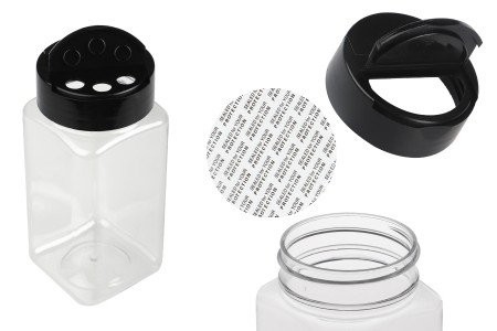 Plastična (PET) providna teglica 250mL, sa crnim poklopcem i unutrašnjom zaptivkom (PE) za začine - 6 kom-slika_proizvoda