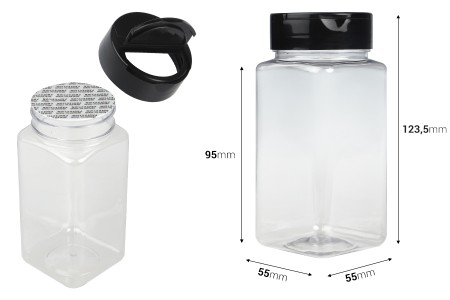 Plastična (PET) providna teglica 250mL, sa crnim poklopcem i unutrašnjom zaptivkom (PE) za začine - 6 kom-dimenzije_slike