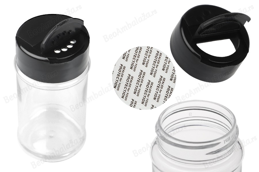 Plastična (PET) providna teglica 80mL, sa crnim poklopcem i unutrašnjom zaptivkom (PE) za začine-slika_proizvoda