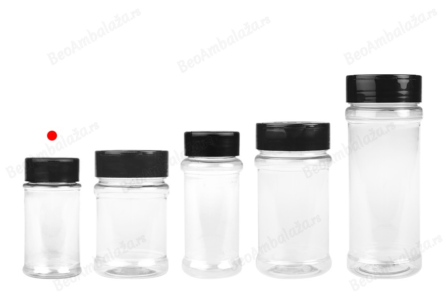 Plastična (PET) providna teglica 80mL, sa crnim poklopcem i unutrašnjom zaptivkom (PE) za začine-grupa_slika
