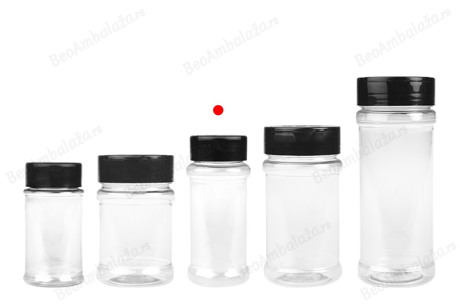 Plastična (PET) providna teglica 100mL, sa crnim poklopcem i unutrašnjom zaptivkom (PE) za začine-grupa_slika