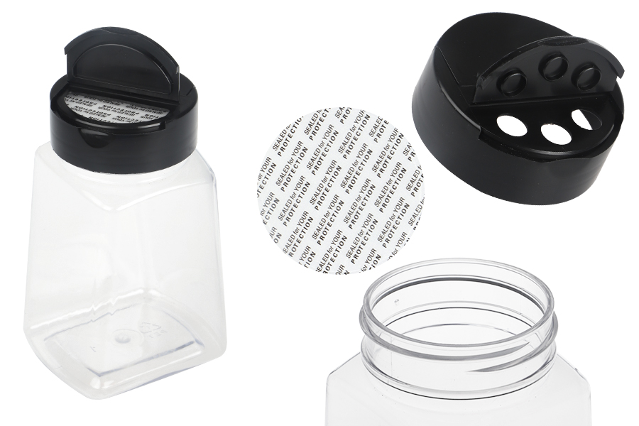 Plastična (PET) providna teglica 260mL, sa crnim poklopcem i unutrašnjom zaptivkom (PE) za začine Plastična (PET) providna teglica 260mL, sa crnim poklopcem i unutrašnjom zaptivkom (PE) za začine