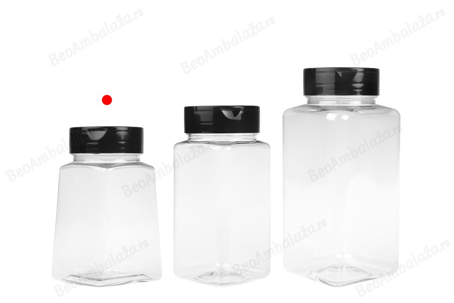 Plastična (PET) providna teglica 260mL, sa crnim poklopcem i unutrašnjom zaptivkom (PE) za začine-grupa_slika