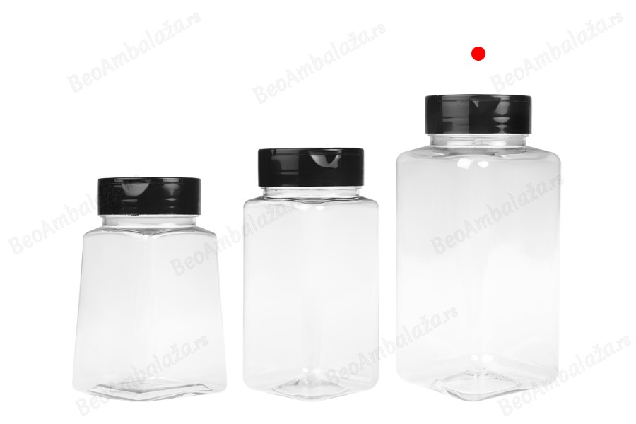 Plastična (PET) providna teglica 500mL, sa crnim poklopcem i unutrašnjom zaptivkom (PE) za začine - 6 kom-grupa_slika