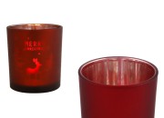 Dekorativni Božićni stakleni svećnjak "Merry Christmas" sa irvasima (bez poklopca) crvene boje