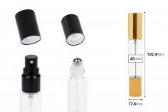 Staklena dvostrana providna flašica 10mL sa sprejom i roll on-om, u zlatnoj ili crnoj boji - 6 kom