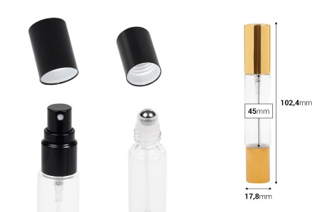 Staklena dvostrana providna flašica 10mL sa sprejom i roll on-om, u zlatnoj ili crnoj boji - 6 kom-dimenzije_slike