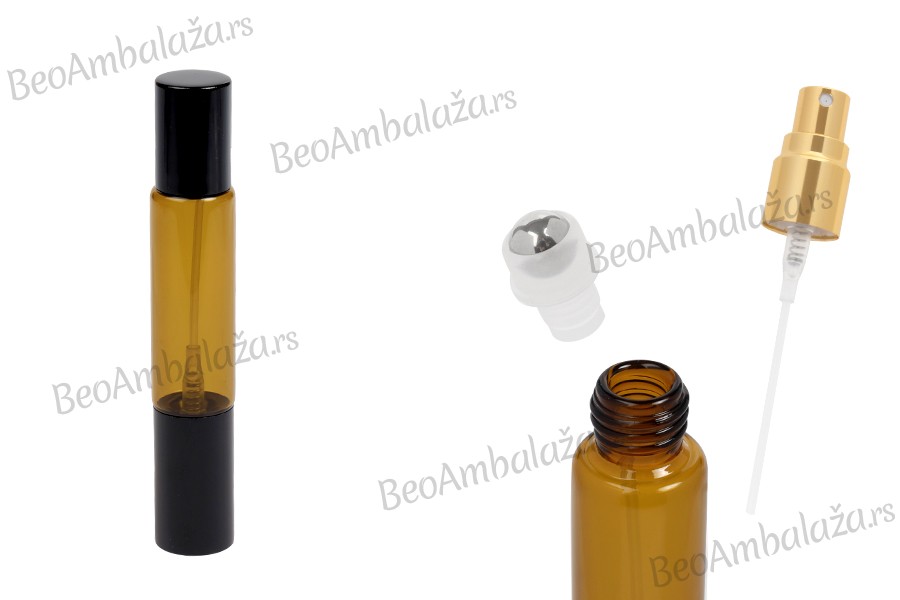 Staklena dvostrana karamel flašica 10mL sa sprejom i roll on-om, u zlatnoj ili crnoj boji - 6 kom