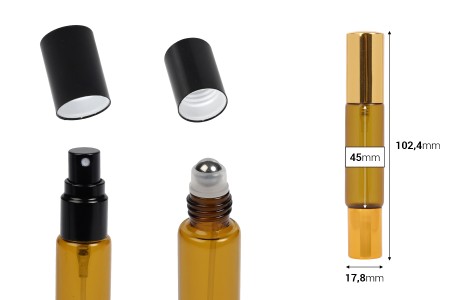 Staklena dvostrana karamel flašica 10mL sa sprejom i roll on-om, u zlatnoj ili crnoj boji - 6 kom-dimenzije_slike