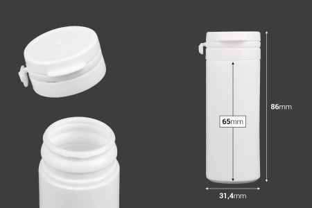 Bela plastična kutijica 50mL sa sigurnosnim klik poklopcem za pilule i kapsule-dimenzije_slike